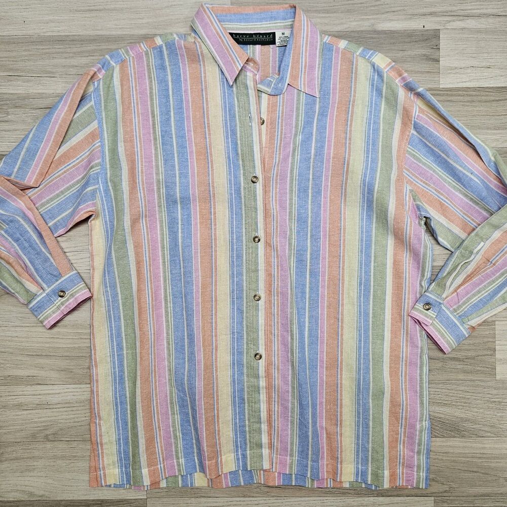 Harve Benard Womens Shirt Rainbow Stripe Linen Cotton Longsleeve Medium